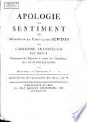 Apologie du sentiment de Monsieur le chevalier Newton sur l'ancienne chronologie des Grècs