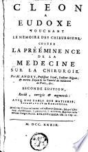 Cléon à Eudoxe touchant le Mémoire des chirurgiens contre la prééminence de la médecine sur la chirurgie