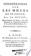 Considérations sur les moeurs de ce siècle par Charles Pinot Duclos