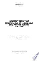 Genese et structure metaphysique de la personne Chez Antonio Rosmini, 1797-1855