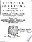 Histoire critique des principaux commentateurs du Nouveau Testament