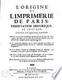 L'Origine de l'imprimerie de Paris