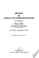 Mélanges de langue et de littérature occitanes en hommage à Pierre Bec