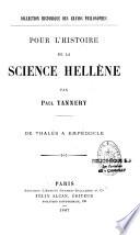 Pour l'histoire de la science hellène
