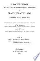 Proceedings of the Fifth International Congress of Mathematicians