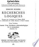 Recherches logiques: Éléments d'une élucidation phénoménologique de la connaissance. 1.éd. 1963