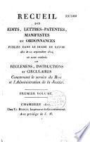 Recueil des édits, lettres-patentes, manifestes et ordonnances publiés dans le Duché de Savoie dès le 10 septembre 1814...