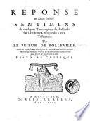 Réponse au liure intitulé Sentimens de quelques theologiens de Hollande sur l'Histoire critique du Vieux Testament. Par le prieur De Bollenuille. ..