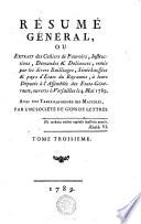 RÉSUMÉ GÉNÉRAL, OU EXTRAIT des Cahiers de Pouvoirs, Instructions, Demandes & Doléances, remis par les divers Bailliages, Sénéchaussées & pays d'Etats du Royaume, à leurs Députés à l'Assemblée des Etats-Généraux, ouverts à Versailles le 4 Mai 1789. AVEC UNE TABLE RAISONNÉE DES MATIERES. PAR UNE SOCIÉTÉ DE GENS DE LETTRES.