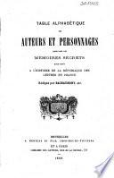 Table alphabétique des auteurs et personnages cités dans les mémoires secrets pour servir à l'histoire de la république des lettres en France